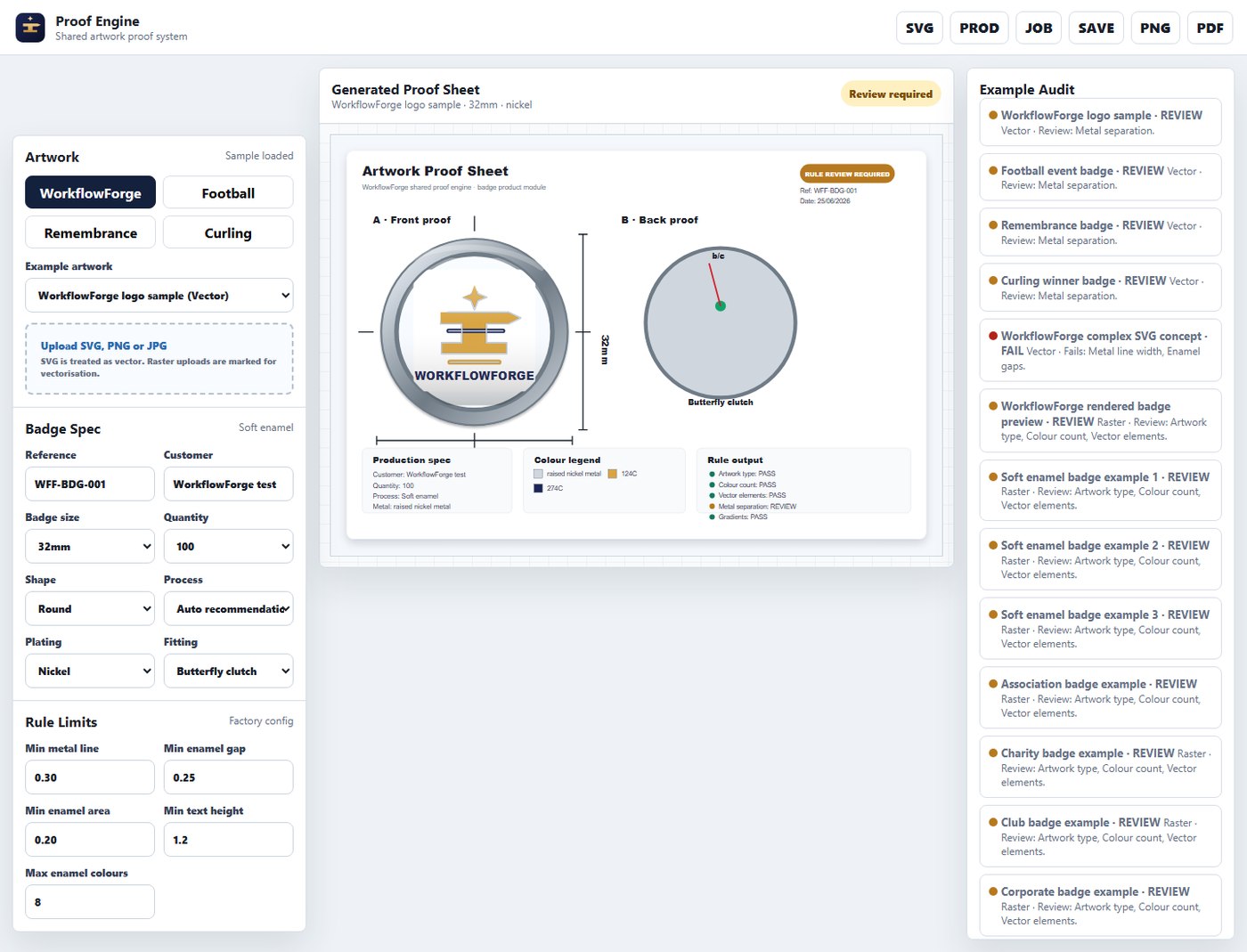 The proofing interface placing a round badge design on-product, with an automated example-audit panel flagging artwork type, colour count and metal separation for review.