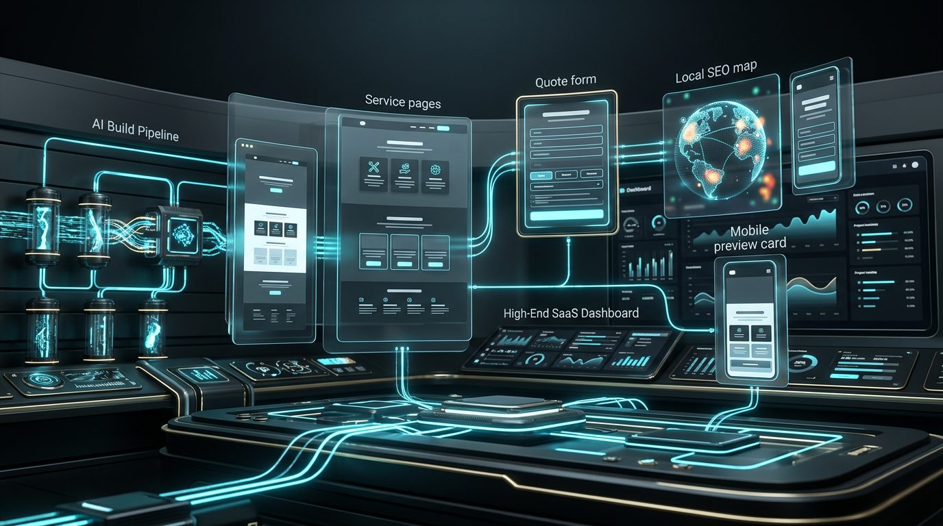 A futuristic dark-mode website delivery system with connected build panels, preview modules and automation paths.